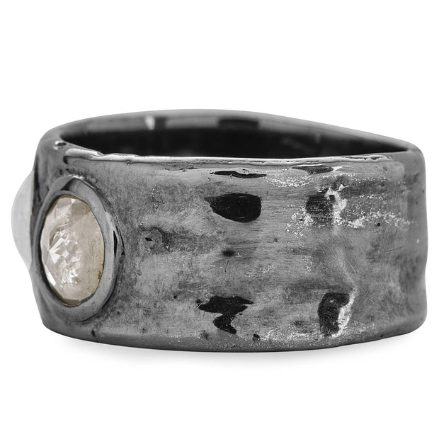 Chunky and stackable- at 10mm wide- this organic texture band is dotted with two rose cut diamonds, one larger than the other by Karen Karch