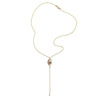 Karen Karch 18k yellow gold Evil Eye Centerpiece Lariat Chain Necklace Ruby Eyelashed and Turquoise center entire necklace