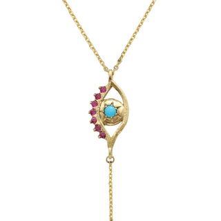 Karen Karch 18k yellow gold Evil Eye Centerpiece Lariat Chain Necklace Ruby Eyelashed and Turquoise center close up 