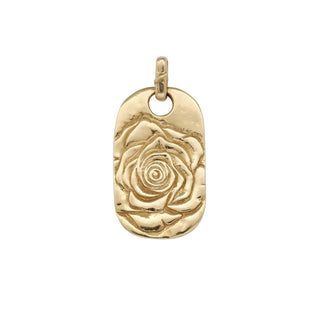 Karen Karch Rose Tattoo Dog Tag in 10k Yellow Gold. The tag is square-shaped with a loop at the top for chain.