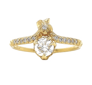 Karen Karch by Deme Wolfe Studded Snake Solitaire in 14k yellow gold an offset Lab Diamond on white background.