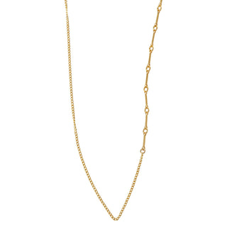 Karen Karch by Deme Wolfe Mystical Bling gold-filled chain necklace featuring two different chain styles merged displayed against a white background.