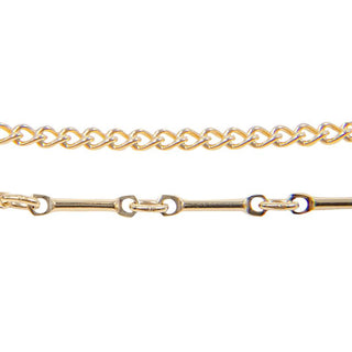 Close Up of Karen Karch by Deme Wolfe Mystical Bling gold-filled chain necklace featuring two different chain styles merged displayed against a white  background