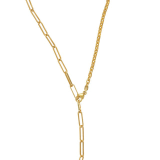 Karen Karch by Deme Wolfe Yellow Gold Filled 2 types of chain together fastened in a lariat shape to make necklace close up on white background