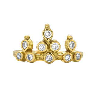 Karen Karch 18k Yellow Gold Belgian Tiara Ring with 10 diamonds clustered in a crown shape on a white background.