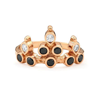 Karen Karch 18k Rose Gold Belgian Tiara Ring with Black and Colorless  diamonds clustered in a crown shape on a white background.