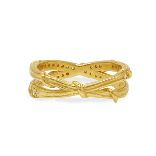 Karen Karch Yellow Gold DIiamond-studded Double Vine Half Eternity front showing the Criss-Crossing Bands, back view, on a white background. 