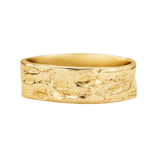 Karen Karch Everpresent Weathered Irregular edge 14k yellow gold 7.5 mm band on white background.