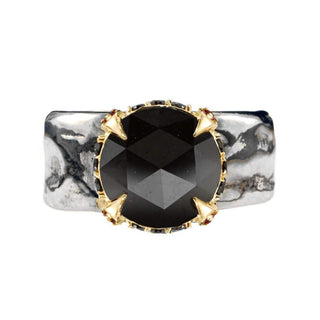Karen Karch Kind of Rings Mixed Metal with a large rose cut black round black diamond in an 18ky setting on a wide silver band. 