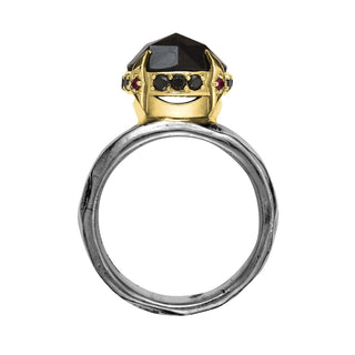 Karen Karch Kind of Rings Mixed Metal with a large rose cut black round black diamond in an 18ky setting on a wide silver band top view