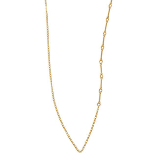 Section of a Karen Karch by Deme Wolfe Mystical Bling gold-filled chain necklace featuring two different chain styles merged displayed against a white background.