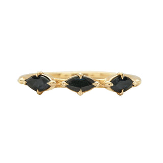 Karen Karch by Deme Wolfe 14k yellow gold black sapphire Mystical Marquise 3-stone stacking ring on a white background. 