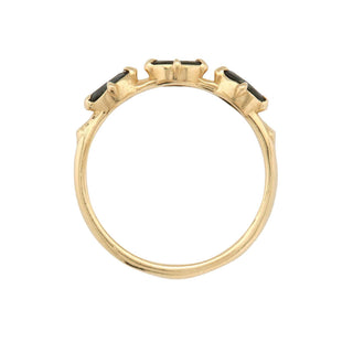 Karen Karch by Deme Wolfe 14k yellow gold black sapphire Mystical Marquise 3-stone stacking ring on a white background. 