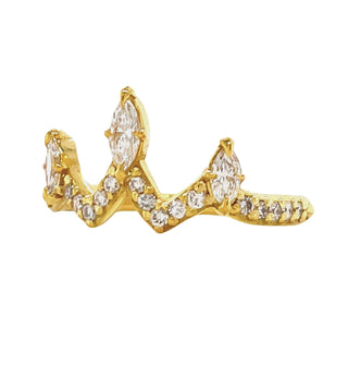 Karen Karch by Deme olfe Mystical Marquise Crown 14ky Lab Diamond Ring with 3 marquise at top of crown shape on white background, 3/4 view. 