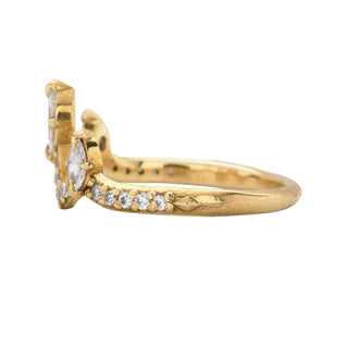 Karen Karch by Deme olfe Mystical Marquise Crown 14ky Lab Diamond Ring with 3 marquise at top of crown shape on white background, side view.