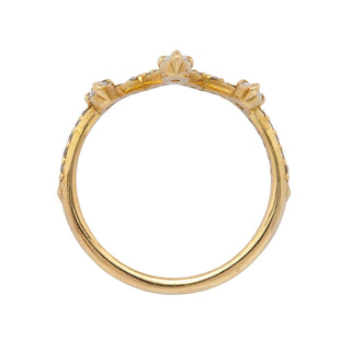 Karen Karch by Deme olfe Mystical Marquise Crown 14ky Lab Diamond Ring with 3 marquise at top of crown shape on white background, top view.