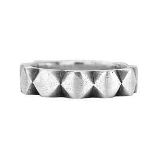 Karen Karch Ouytshine Polished Silver 6mm band  with a repeating geometric pattern on a white background.