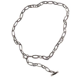 A Karen Karch Sterling Silver Textured Toggle Oval Chain Link Necklace designed to be worn in a lariat shape.