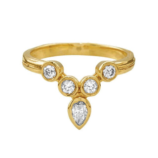 Karen Karch Turned Out invincible Tiara Ring in yellow gold with 4 round diamond arranged to form a v-shape with a pear shape diamond at its end with point facing outward. 