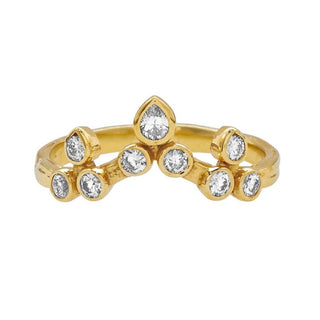 Karen Karch Turned Out Belgian Tiara Curved Ring in 18ky with 10 brilliant cut colorless diamonds in a crown like formation on a white background.