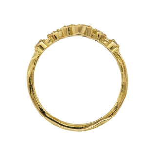 A Karen Karch Turned Out Grace Tiara Ring in 18k yellow gold featuring claw-set brilliant-cut diamonds, top view, on white background.