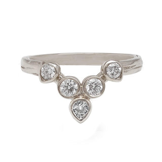 Karen Karch Turned Out Invincible Tiara Ring Platinum Diamond with weatherd band on white background. 