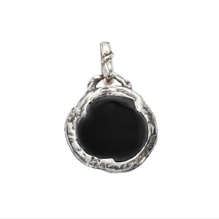 Karen Karch back side of silver charm with a black onyx rosebud carving on a vine detailed bail on white background