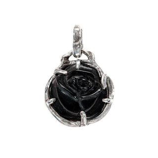 Karen Karch silver charm with a black onyx rosebud carving on a vine detailed bail on white background 