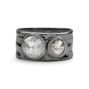 Chunky and stackable- at 10mm wide- this organic texture band is dotted with two rose cut diamonds, one larger than the other by Karen Karch 
